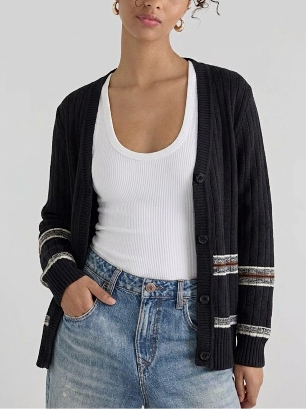 Carnaby Vintage Ribbed Shrunken Cardigan Womens Size XS Wool Blend Striped Y2K